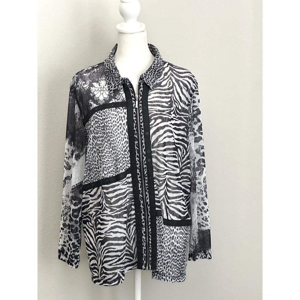 Multiples Women's Sheer Jacket Hacker Black White Print Size XL‎